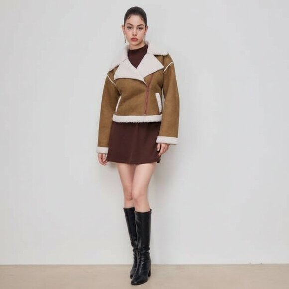 Cider Faux Shearling Brown and White Cropped Biker Teddy Jacket 1X - Picture 3 of 15